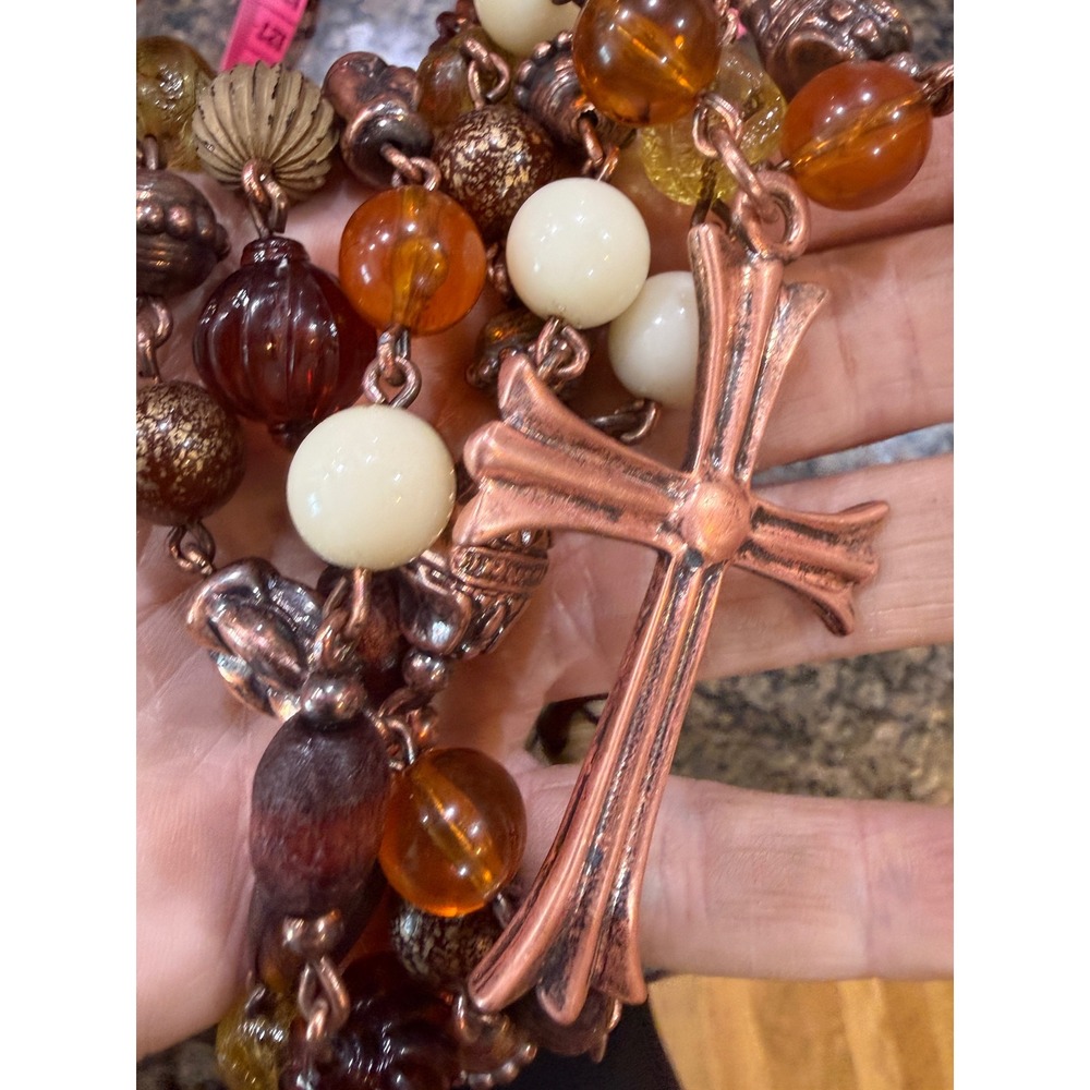 Boho Double Strand Beaded Necklace Copper Flared Cross Amber Cream Earth Tones - Picture 11 of 12